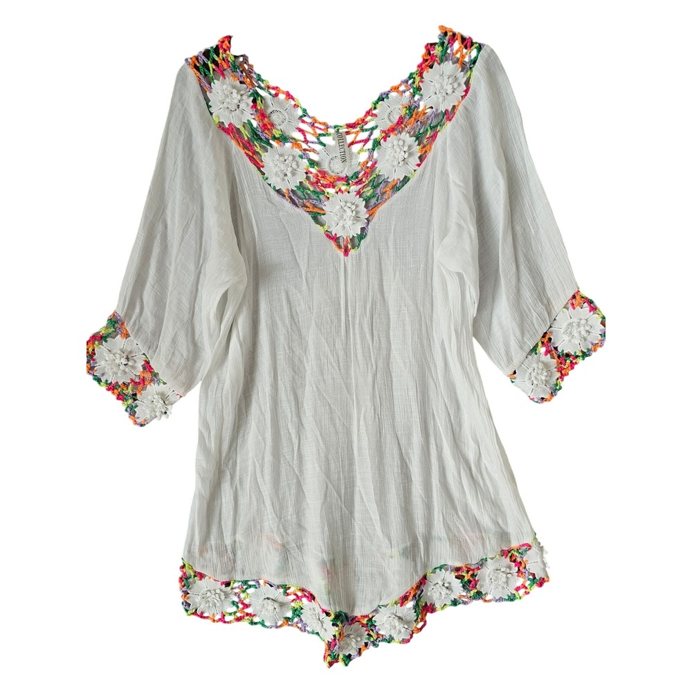 MT Collection White‎ Floral Crochet Trim Tunic Cover Up Dress ONE SIZE